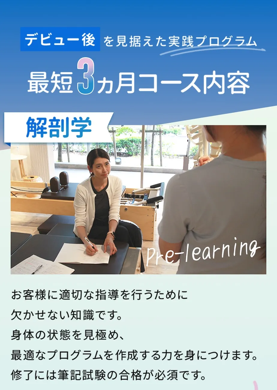 デビュー後を見据えた実践プログラム！最短3か月コース内容、まずは解剖学。お客様に適切な指導を行うために欠かせない知識、それが解剖学です。身体の状態を見極め、最適なプログラムを作成する力を身につけます。修了には筆記試験の合格が必須です。
